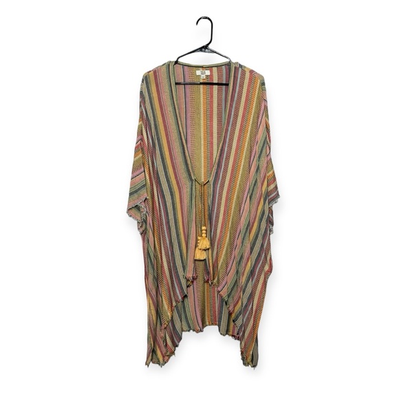 True Craft Oversized Boho Kimono Multicolor Stripe Fringe Tassels Tie XS/S - Picture 2 of 9